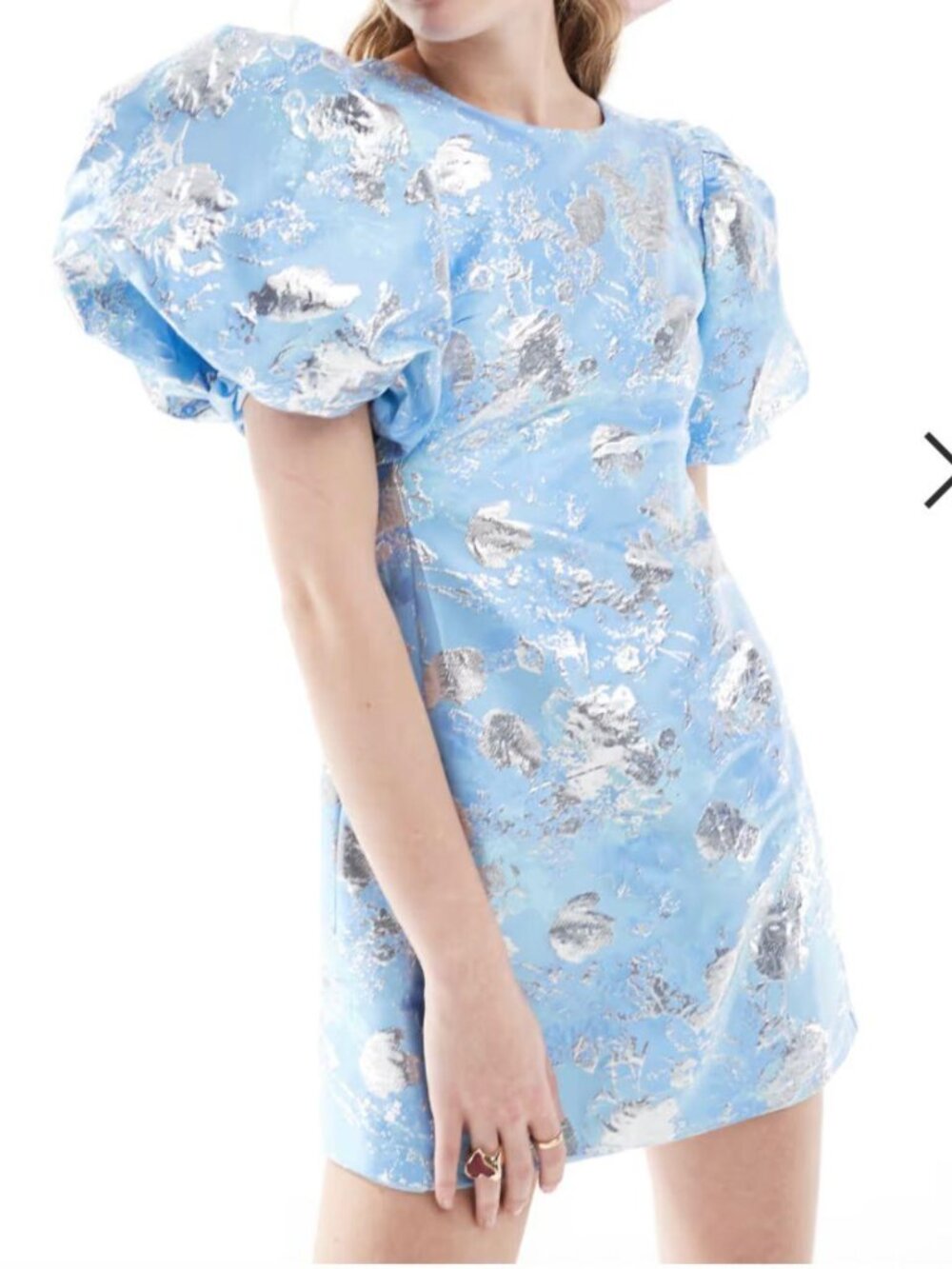 Sister Jane puff sleeve jacquard backless mini dress in blue